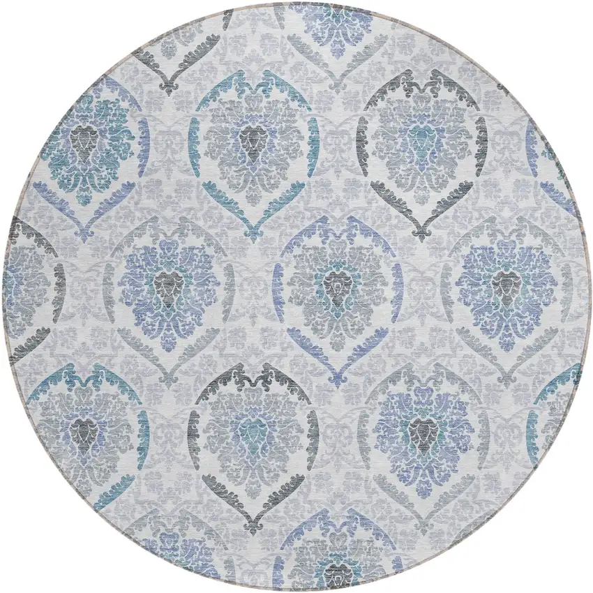 8' Gray And Denim Blue Round Medallion Washable Indoor Outdoor Area Rug Photo 2