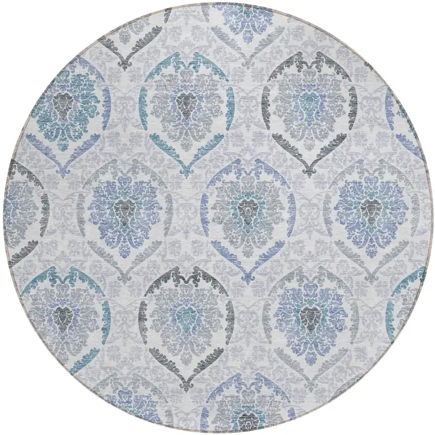 8' Gray And Denim Blue Round Medallion Washable Indoor Outdoor Area Rug Photo 2