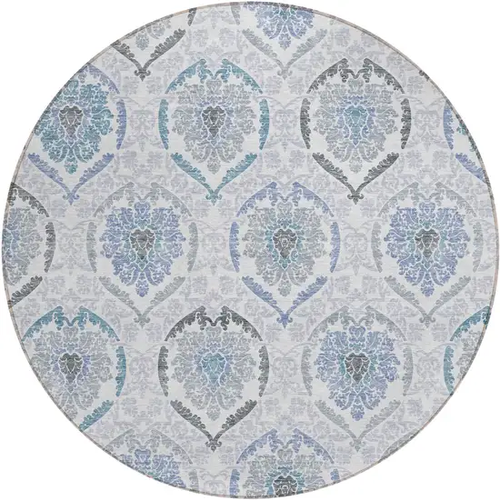 8' Gray And Denim Blue Round Medallion Washable Indoor Outdoor Area Rug Photo 2