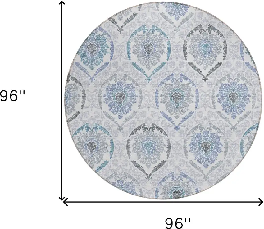 8' Gray And Denim Blue Round Medallion Washable Indoor Outdoor Area Rug Photo 3