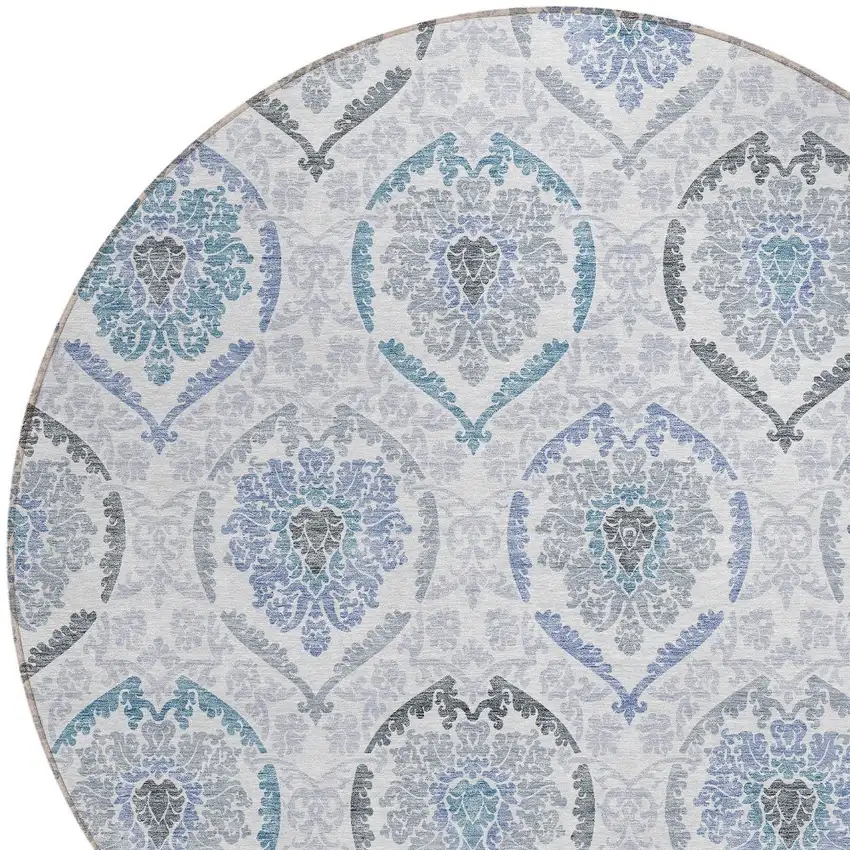 8' Gray And Denim Blue Round Medallion Washable Indoor Outdoor Area Rug Photo 4