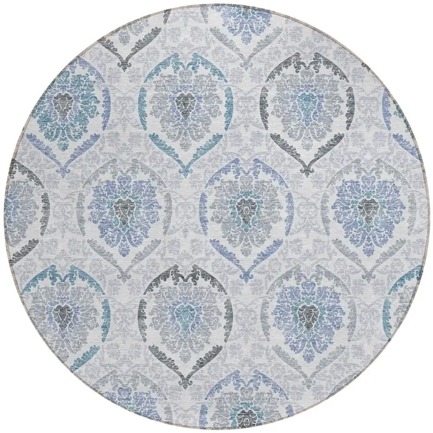 8' Gray And Denim Blue Round Medallion Washable Indoor Outdoor Area Rug Photo 5