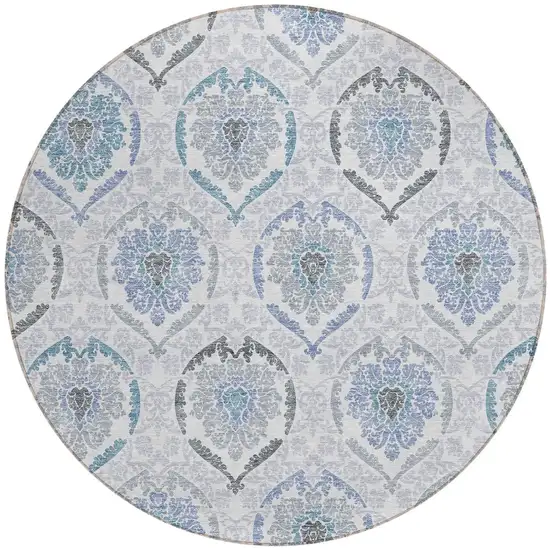 8' Gray And Denim Blue Round Medallion Washable Indoor Outdoor Area Rug Photo 5