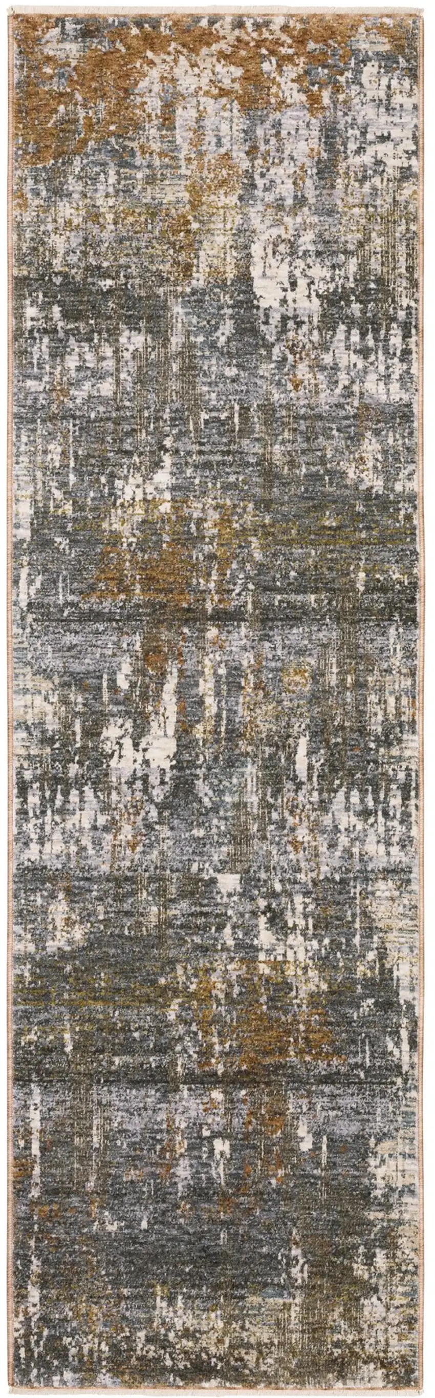 8' Gray And Gold Abstract Runner Rug With Fringe Photo 2