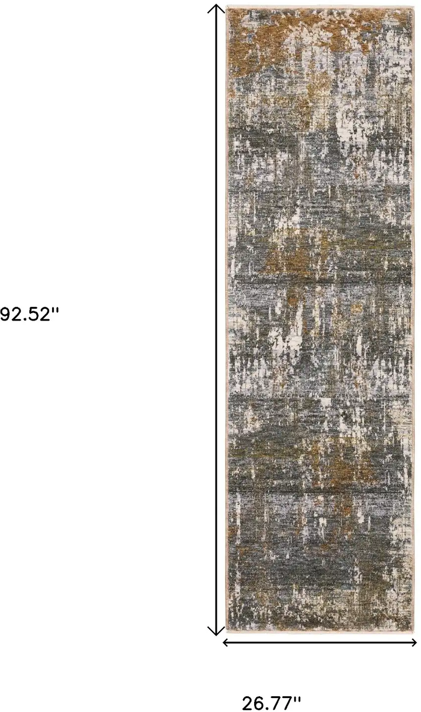 8' Gray And Gold Abstract Runner Rug With Fringe Photo 3