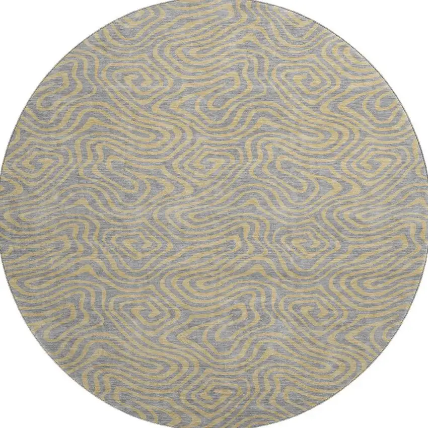 8' Gray And Gold Abstract Washable Round Rug With UV Protection Photo 2