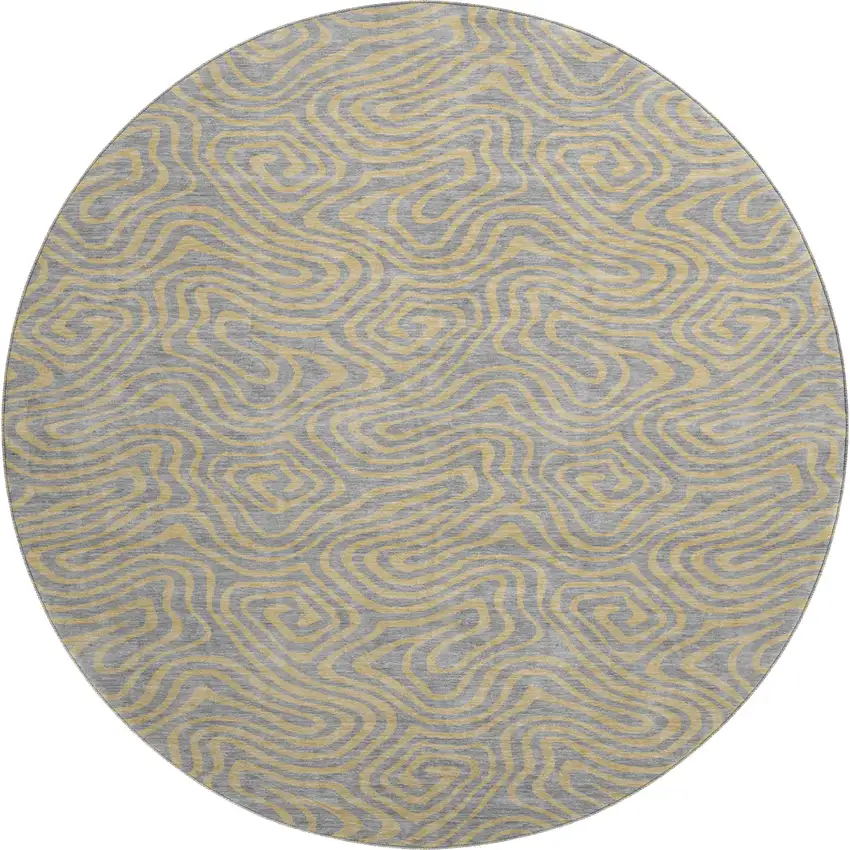 8' Gray And Gold Abstract Washable Round Rug With UV Protection Photo 1