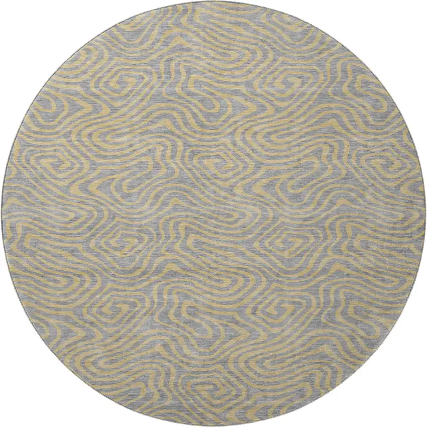 8' Gray And Gold Abstract Washable Round Rug With UV Protection Photo 3