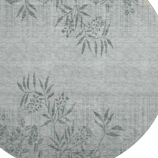 8' Gray And Gold Floral Washable Round Rug With UV Protection Photo 2
