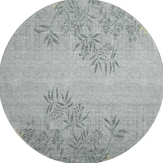 8' Gray And Gold Floral Washable Round Rug With UV Protection Photo 3