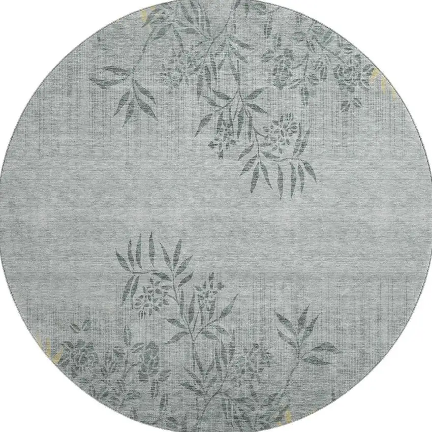 8' Gray And Gold Floral Washable Round Rug With UV Protection Photo 3
