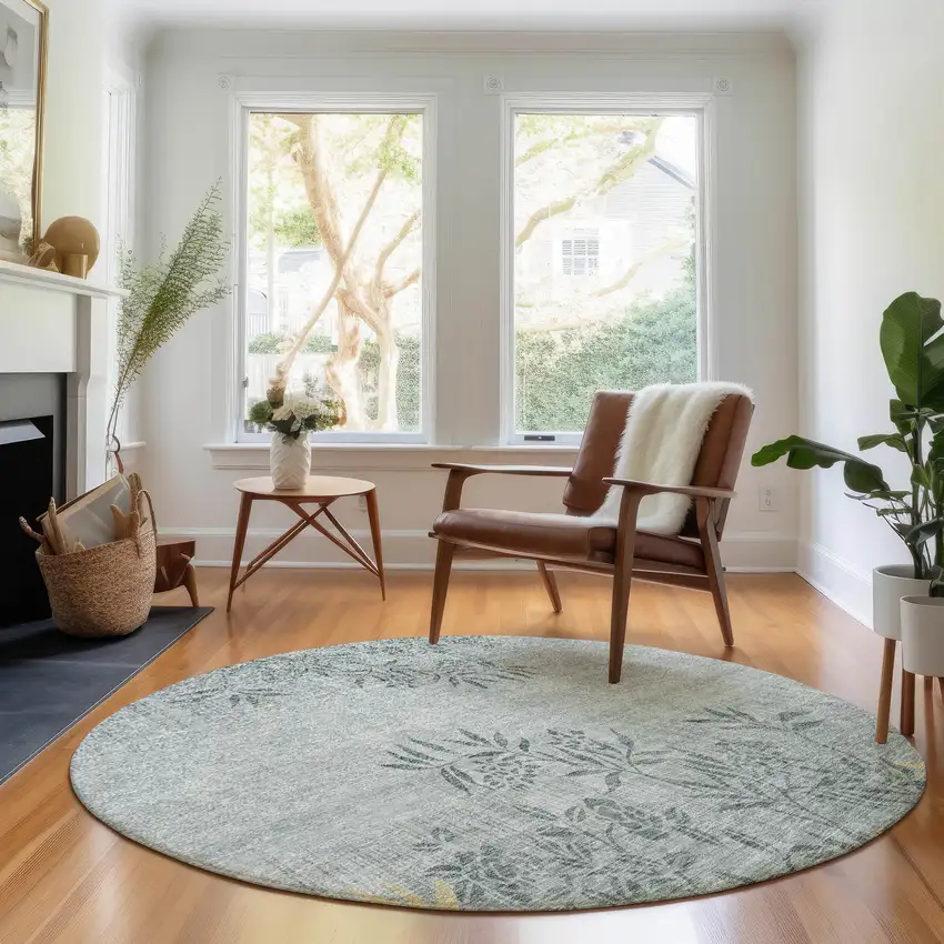 8' Gray And Gold Floral Washable Round Rug With UV Protection Photo 4