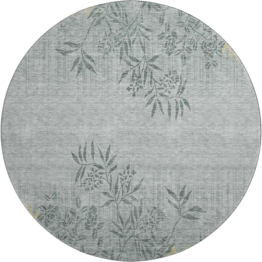 8' Gray And Gold Floral Washable Round Rug With UV Protection Photo 1