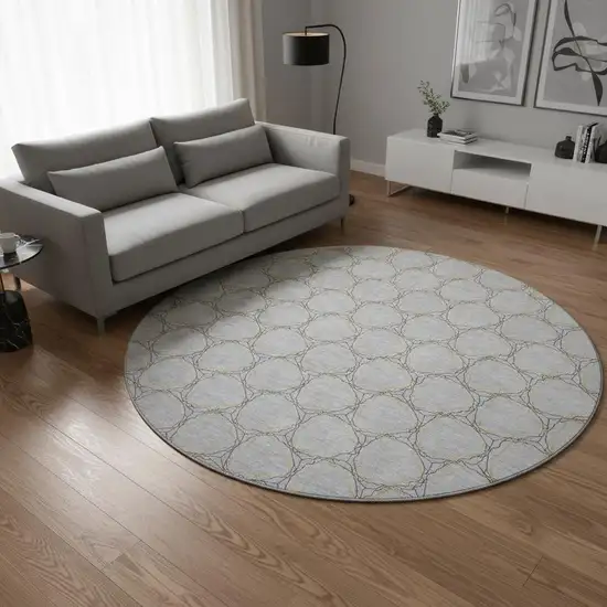 8' Gray And Gold Geometric Washable Round Rug With UV Protection Photo 2