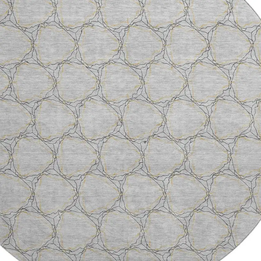 8' Gray And Gold Geometric Washable Round Rug With UV Protection Photo 2
