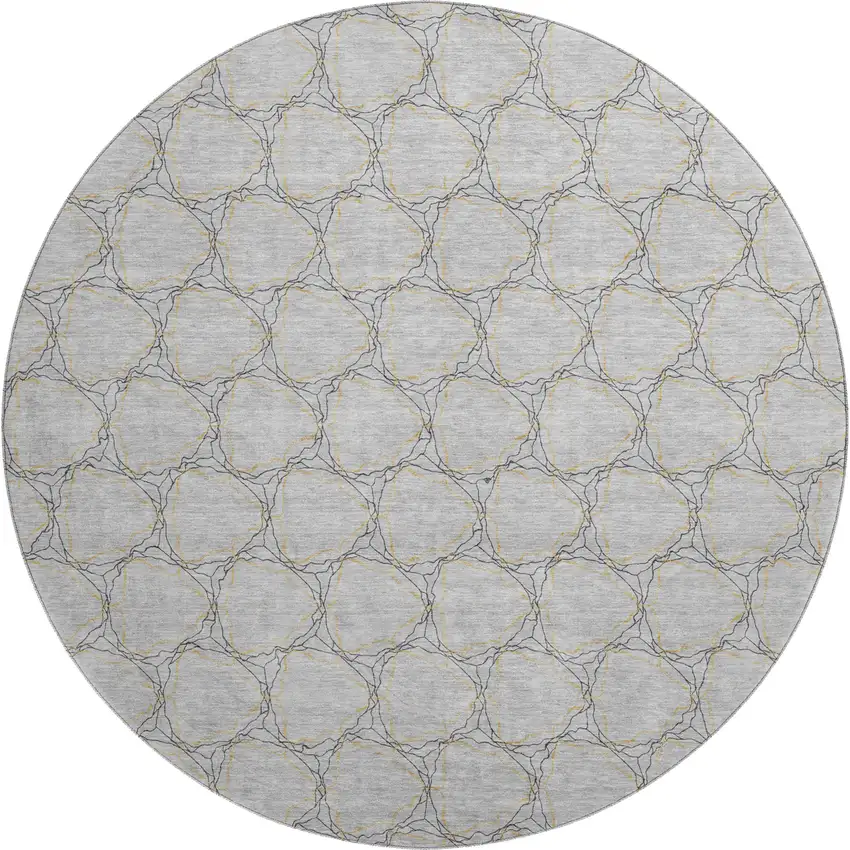 8' Gray And Gold Geometric Washable Round Rug With UV Protection Photo 1