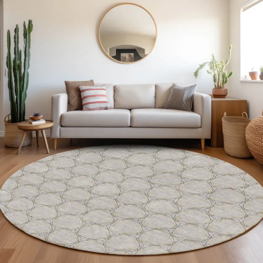 8' Gray And Gold Geometric Washable Round Rug With UV Protection Photo 4