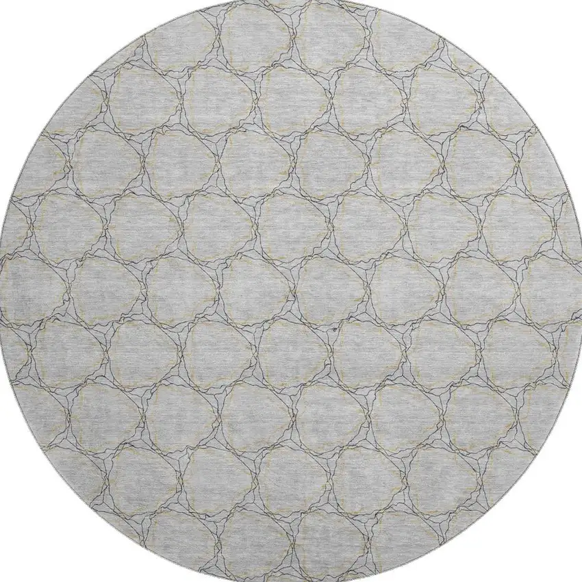 8' Gray And Gold Geometric Washable Round Rug With UV Protection Photo 4