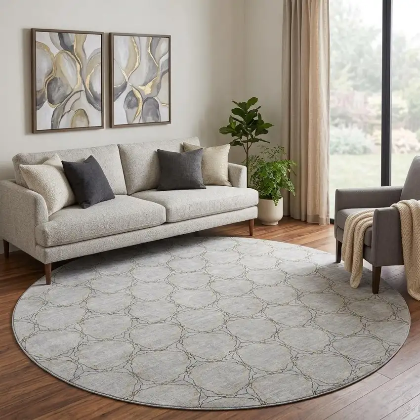8' Gray And Gold Geometric Washable Round Rug With UV Protection Photo 1