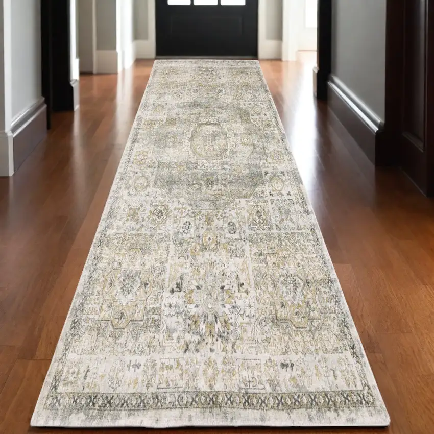 10' Gray And Gold Medallion Hand Tufted Runner Rug Photo 1
