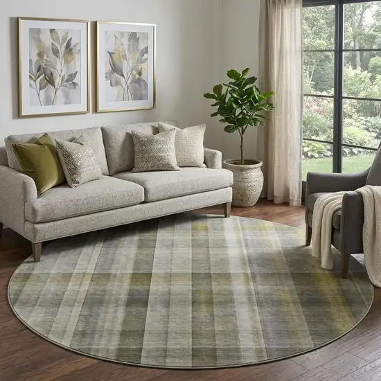 8' Gray And Gold Plaid Washable Round Rug With UV Protection Photo 1