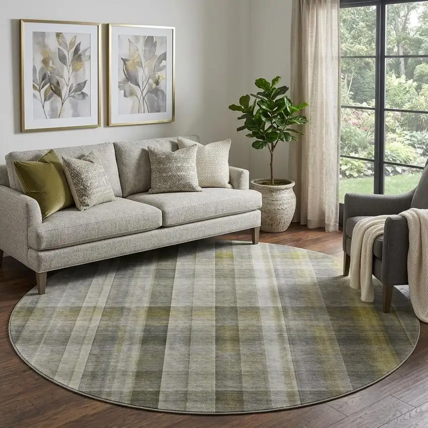 8' Gray And Gold Plaid Washable Round Rug With UV Protection Photo 1