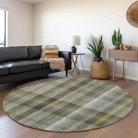 8' Gray And Gold Plaid Washable Round Rug With UV Protection Photo 5