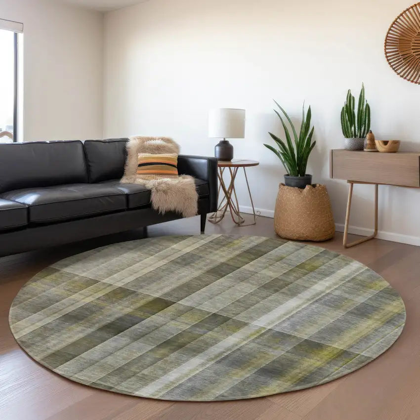 8' Gray And Gold Plaid Washable Round Rug With UV Protection Photo 5