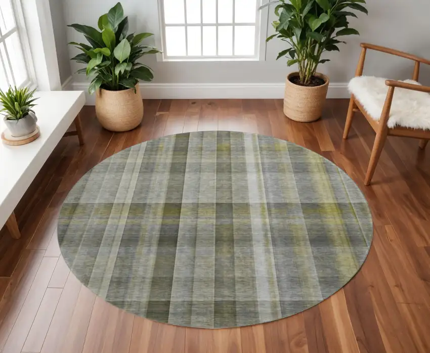 8' Gray And Gold Plaid Washable Round Rug With UV Protection Photo 2