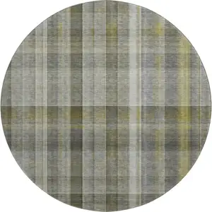 Photo of 8' Gray And Gold Plaid Washable Round Rug With UV Protection