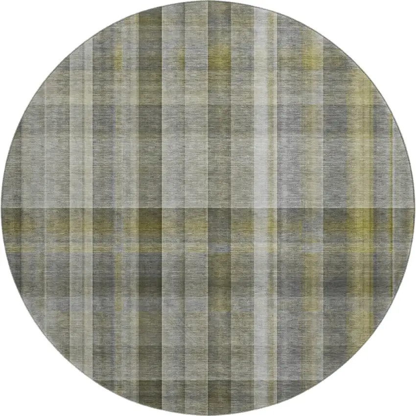 8' Gray And Gold Plaid Washable Round Rug With UV Protection Photo 1
