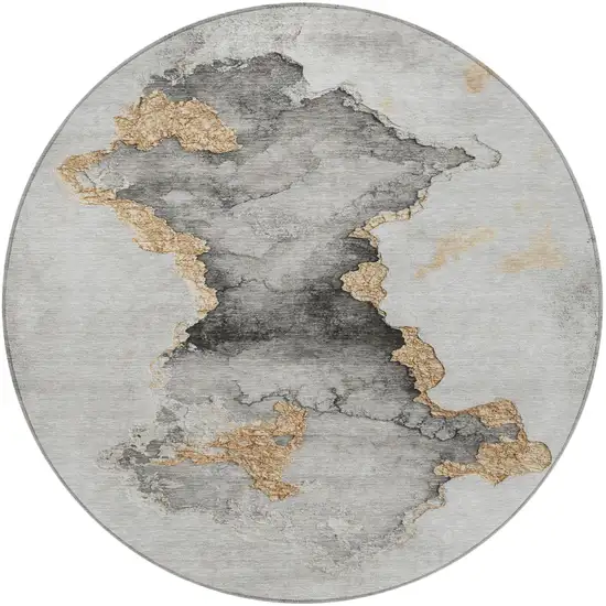 8' Gray And Gold Round Abstract Washable Indoor Outdoor Area Rug Photo 4