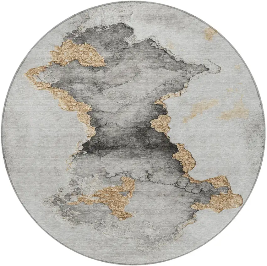 8' Gray And Gold Round Abstract Washable Indoor Outdoor Area Rug Photo 4