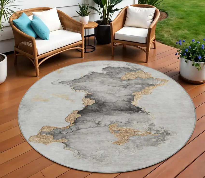 8' Gray And Gold Round Abstract Washable Indoor Outdoor Area Rug Photo 2