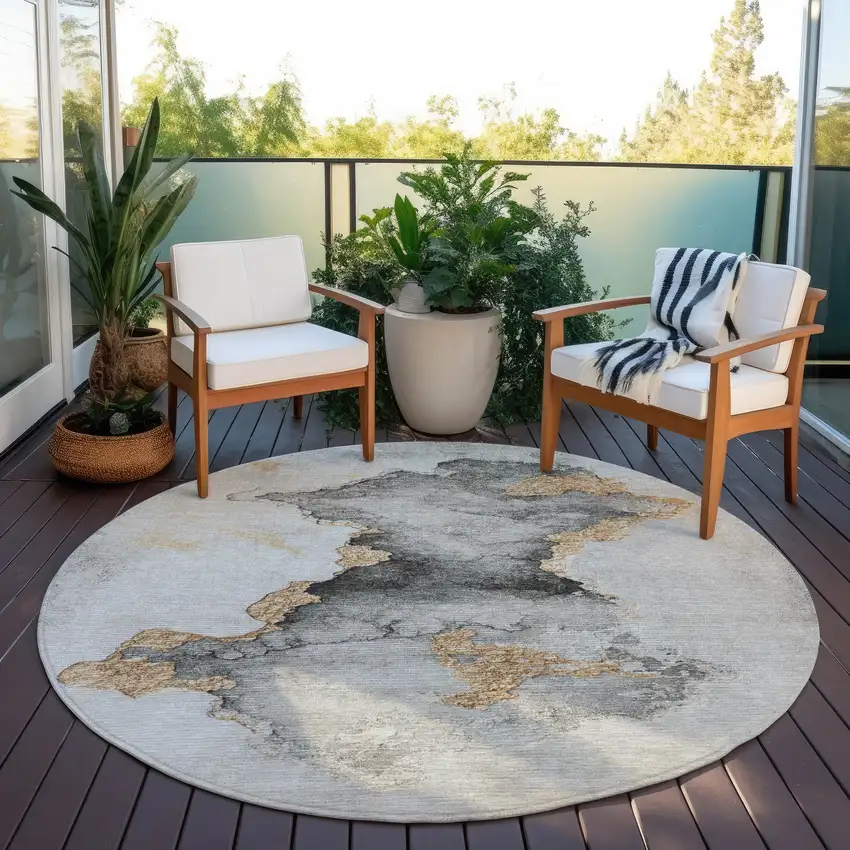 8' Gray And Gold Round Abstract Washable Indoor Outdoor Area Rug Photo 6