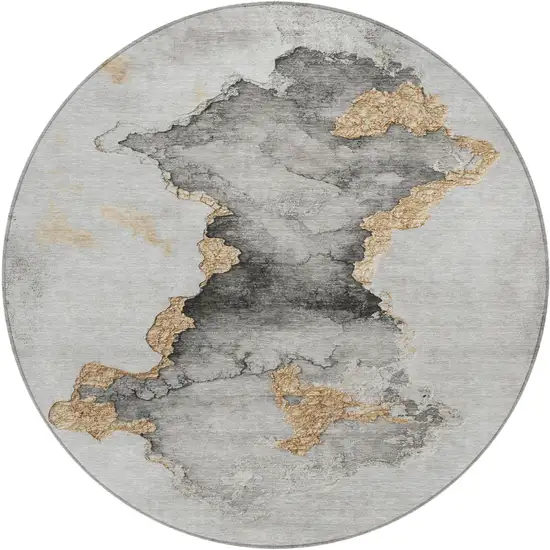 8' Gray And Gold Round Abstract Washable Indoor Outdoor Area Rug Photo 1