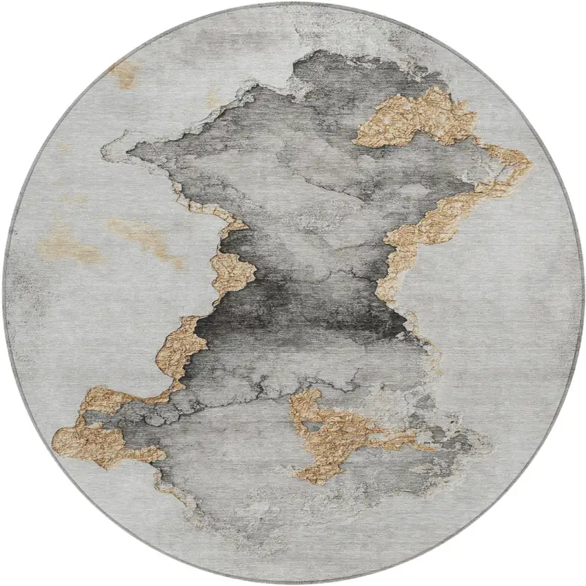 8' Gray And Gold Round Abstract Washable Indoor Outdoor Area Rug Photo 1