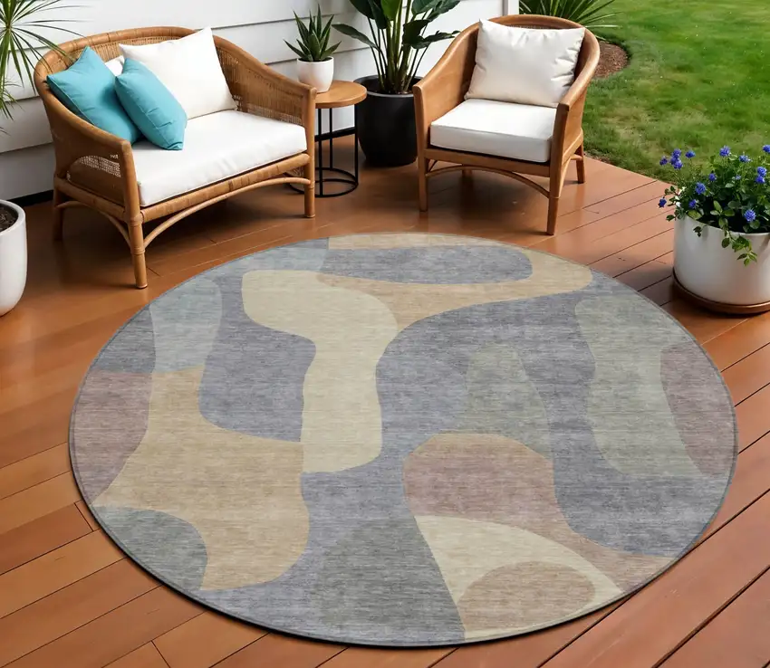 8' Gray And Gold Round Abstract Washable Indoor Outdoor Area Rug Photo 2