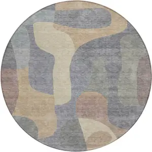 Photo of 8' Gray And Gold Round Abstract Washable Indoor Outdoor Area Rug