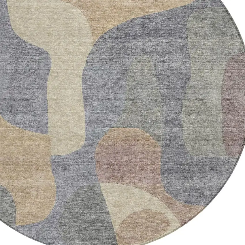 8' Gray And Gold Round Abstract Washable Indoor Outdoor Area Rug Photo 4
