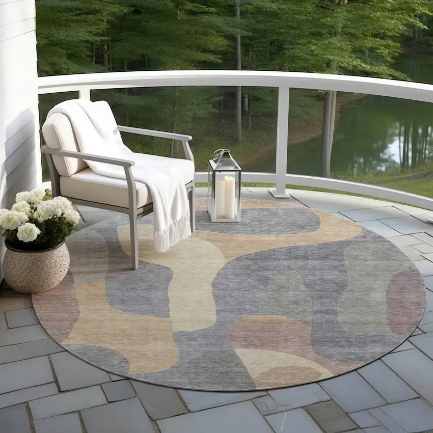 8' Gray And Gold Round Abstract Washable Indoor Outdoor Area Rug Photo 6