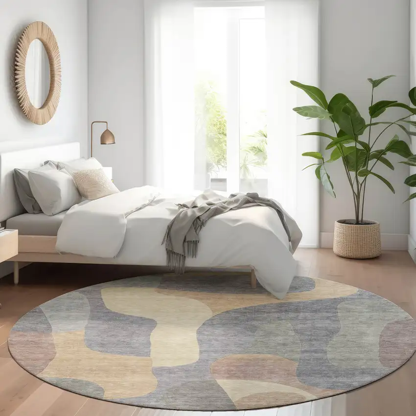 8' Gray And Gold Round Abstract Washable Indoor Outdoor Area Rug Photo 7