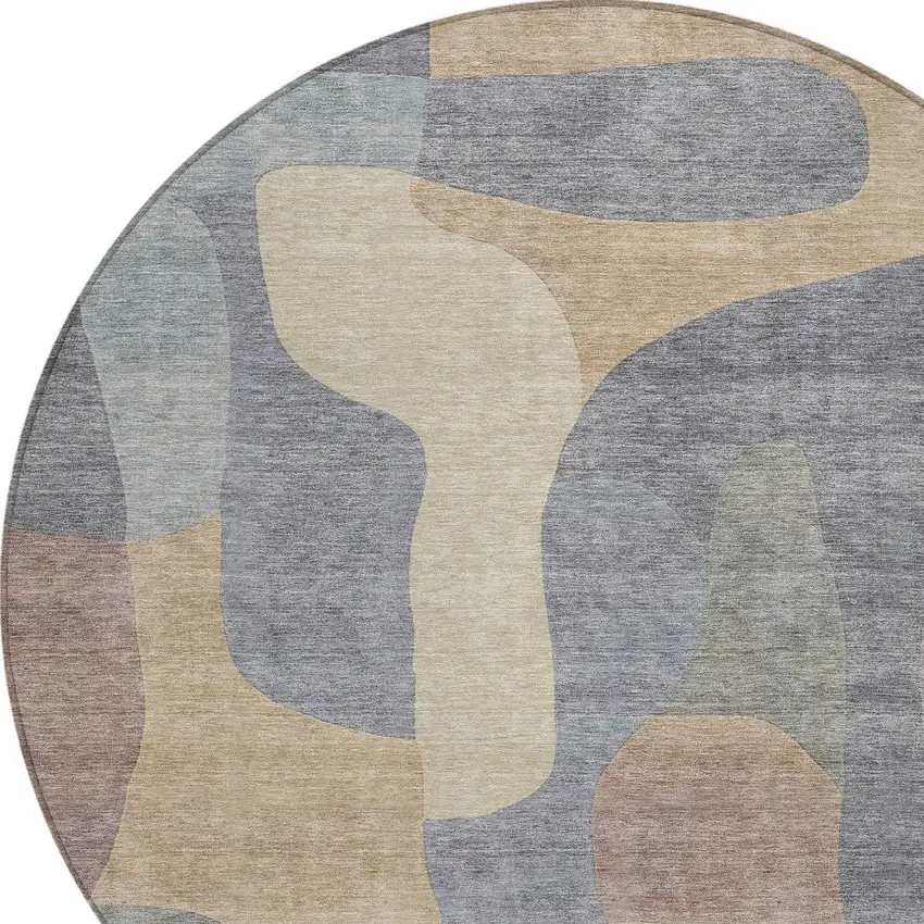 8' Gray And Gold Round Abstract Washable Indoor Outdoor Area Rug Photo 9