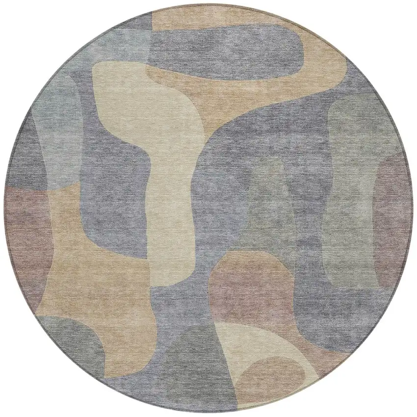 8' Gray And Gold Round Abstract Washable Indoor Outdoor Area Rug Photo 3