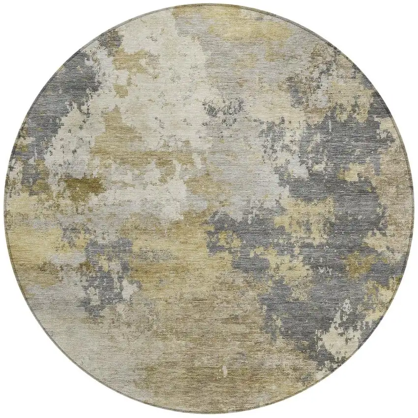 8' Gray And Gold Round Abstract Washable Indoor Outdoor Area Rug Photo 3