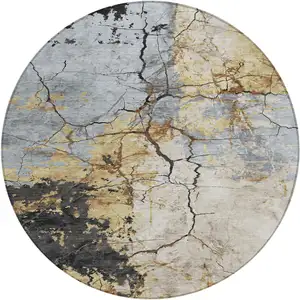 Photo of 8' Gray And Gold Round Abstract Washable Indoor Outdoor Area Rug