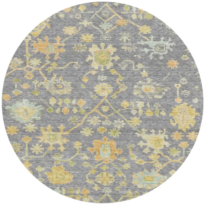 8' Gray And Gold Round Floral Washable Indoor Outdoor Area Rug Photo 3