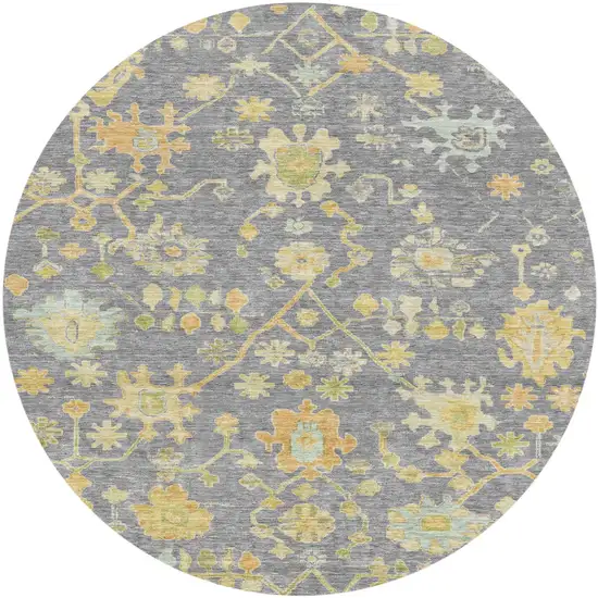8' Gray And Gold Round Floral Washable Indoor Outdoor Area Rug Photo 1