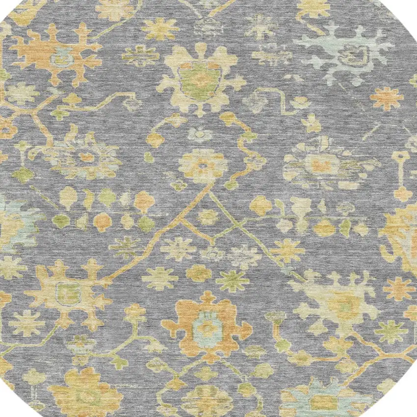 8' Gray And Gold Round Floral Washable Indoor Outdoor Area Rug Photo 8