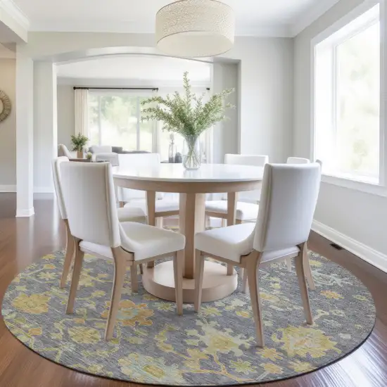 8' Gray And Gold Round Floral Washable Indoor Outdoor Area Rug Photo 6